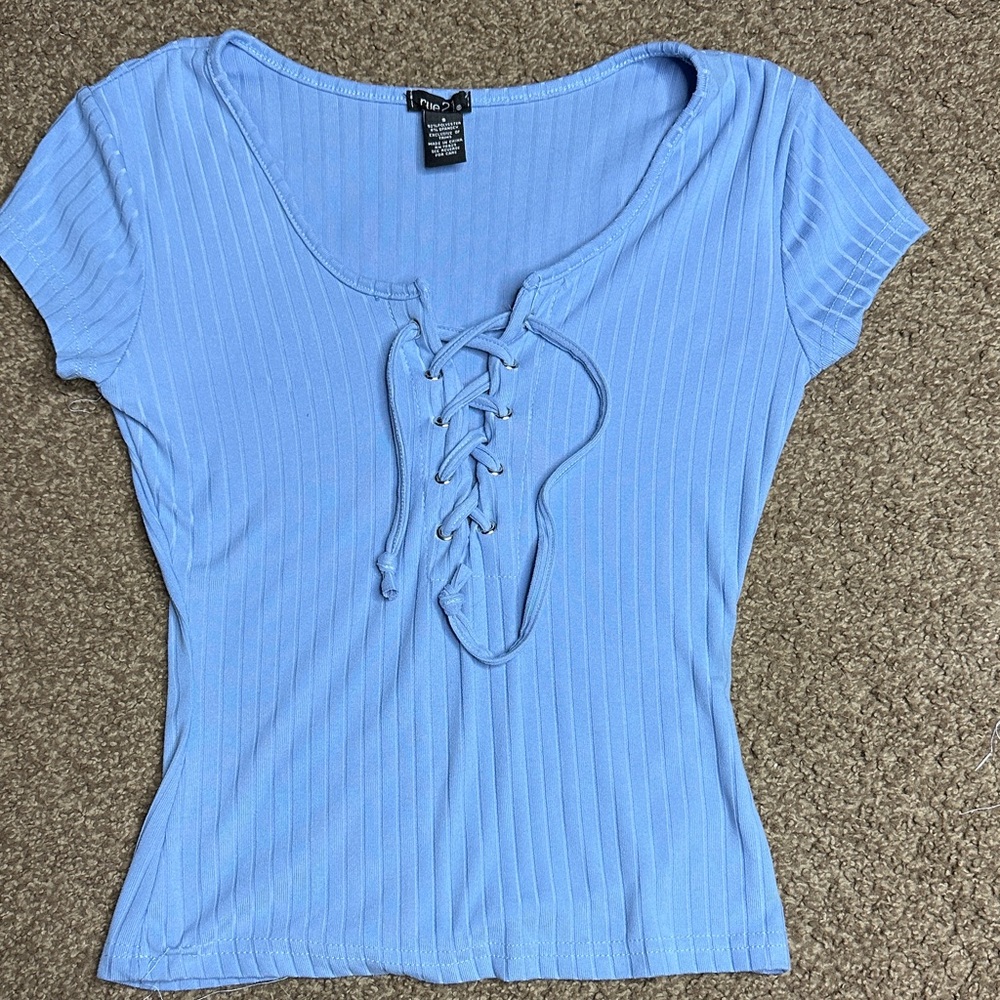 Rue21 Sky Blue Lace-Up Ribbed Fitted Tee Size Small